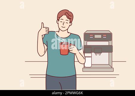 Man drinks coffee from mug standing near machine for making delicious espresso and shows thumbs up. Young guy takes coffee break to cheer up and increase productivity or stay awake doing tedious work  Stock Vector