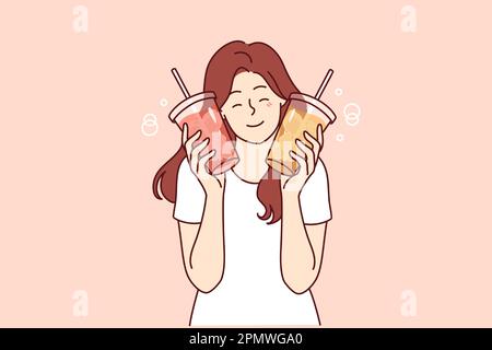 Woman holds two plastic cups with lemonade or soda bought at coffee shop or ordered at takeaway restaurant. Girl in casual t-shirt with iced lemonade wants to cool off after hot summer walk  Stock Vector
