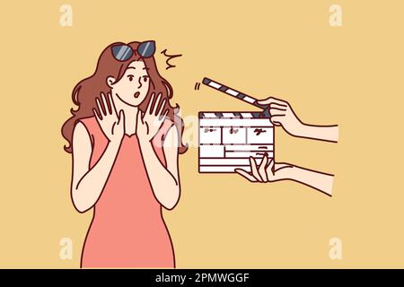 Woman movie star is embarrassed sees clapboard passing casting call for role in popular series or tv show. Movie star girl waving hands, not wanting to film or answer questions from reporters  Stock Vector