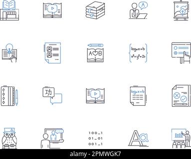 Homework outline icons collection. Exercise, Assignment, Task, Study, Quiz, Projects, Research vector and illustration concept set. Writing, Papers Stock Vector