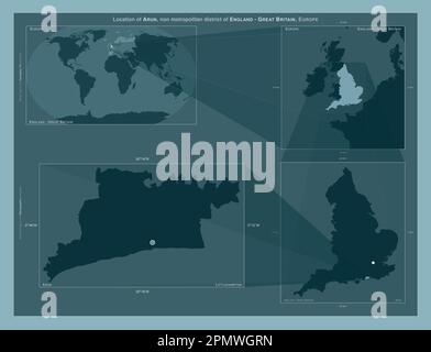 Arun, non metropolitan district of England - Great Britain. Diagram showing the location of the region on larger-scale maps. Composition of vector fra Stock Photo