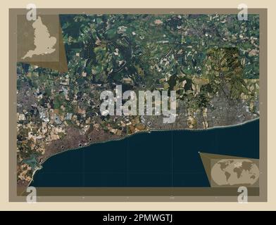 Arun, non metropolitan district of England - Great Britain. High resolution satellite map. Locations of major cities of the region. Corner auxiliary l Stock Photo