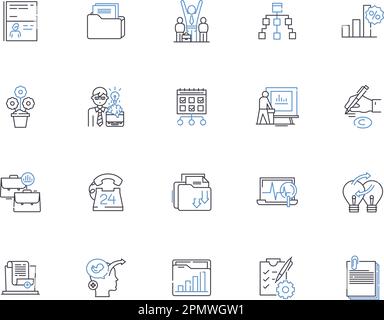 Analytics outline icons collection. Analysis, Trends, Data, Insights, Metrics, Surveys, KPIs vector and illustration concept set. Forecasts, Modeling Stock Vector