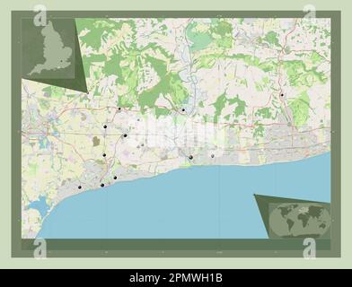 Arun, non metropolitan district of England - Great Britain. Open Street Map. Locations of major cities of the region. Corner auxiliary location maps Stock Photo