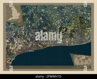 Arun, non metropolitan district of England - Great Britain. High resolution satellite map. Locations and names of major cities of the region. Corner a Stock Photo