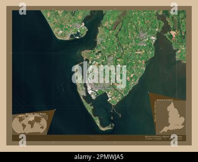 Barrow-in-Furness, non metropolitan district of England - Great Britain. Low resolution satellite map. Locations and names of major cities of the regi Stock Photo