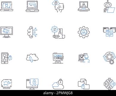 Server outline icons collection. Server, Hosting, Servers, Web-Server, Database, DNS, Virtual vector and illustration concept set. Rack, Cloud, Linux Stock Vector