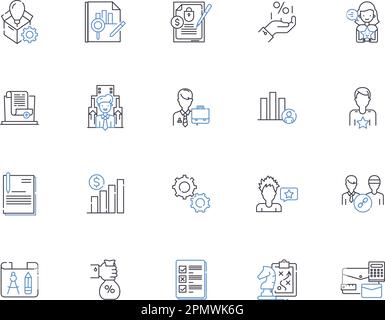 Analytics outline icons collection. Analysis, Trends, Data, Insights, Metrics, Surveys, KPIs vector and illustration concept set. Forecasts, Modeling Stock Vector