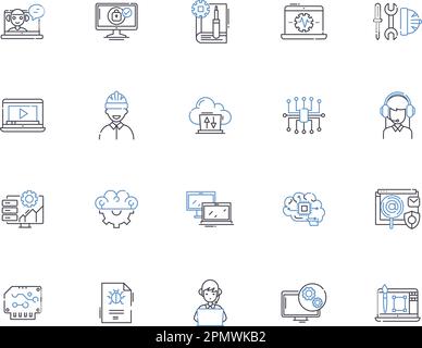 Web programming outline icons collection. Web, programming, HTML, CSS, JavaScript, AJAX, XML vector and illustration concept set. PHP, MySQL, JQuery Stock Vector