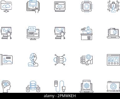 Web programming outline icons collection. Web, programming, HTML, CSS, JavaScript, AJAX, XML vector and illustration concept set. PHP, MySQL, JQuery Stock Vector