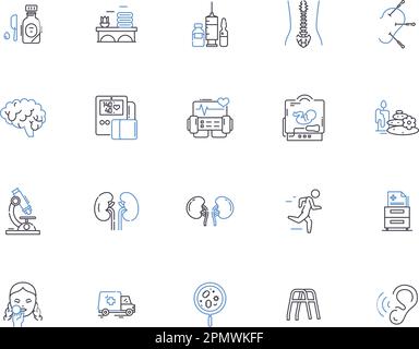 Healthcare outline icons collection. Medicine, Health, Treatment, Care, Well-being, Fitness, Nutrition vector and illustration concept set. Prevention Stock Vector