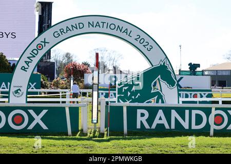Liverpool, UK. 15th Apr, 2023. The winning post at Aintree ahead of The Randox Grand National festival 2023 Grand National Day at Aintree Racecourse, Liverpool, United Kingdom, 15th April 2023 (Photo by Conor Molloy/News Images) in Liverpool, United Kingdom on 4/15/2023. (Photo by Conor Molloy/News Images/Sipa USA) Credit: Sipa USA/Alamy Live News Stock Photo