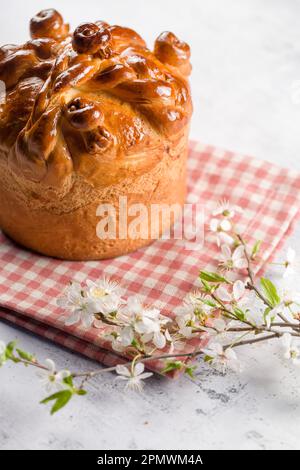 Homemade Easter cake with willow branches on a white background Stock Photo