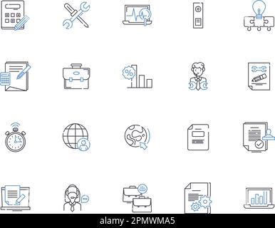 Analytics outline icons collection. Analysis, Trends, Data, Insights, Metrics, Surveys, KPIs vector and illustration concept set. Forecasts, Modeling Stock Vector