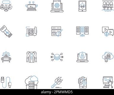 Hardware outline icons collection. Hardware, components, peripherals, processors, GPUs, motherboards, RAM vector and illustration concept set. power Stock Vector