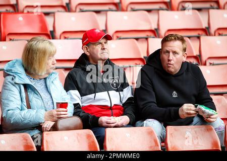 Sheffield, UK. 15th Apr, 2023. Fans of Sheffield Untied during the Sky Bet Championship match Sheffield United vs Cardiff City at Bramall Lane, Sheffield, United Kingdom, 15th April 2023 (Photo by Ben Early/News Images) in Sheffield, United Kingdom on 4/15/2023. (Photo by Ben Early/News Images/Sipa USA) Credit: Sipa USA/Alamy Live News Stock Photo