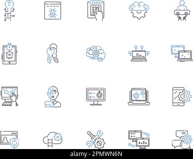 Server outline icons collection. Server, Hosting, Servers, Web-Server, Database, DNS, Virtual vector and illustration concept set. Rack, Cloud, Linux Stock Vector