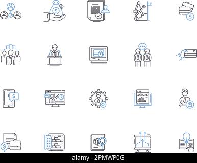 Bank outline icons collection. Loan, Savings, Mortgage, Investment, ATM, Credit, Banking vector and illustration concept set. Interest, Account, Debit Stock Vector