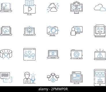 Computer and devices outline icons collection. Computer, Devices, Laptop, Desktop, Printer, Monitor, Scanner vector and illustration concept set Stock Vector