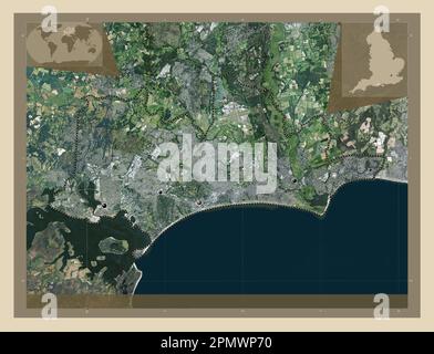 Bournemouth, Christchurch and Poole, unitary authority of England - Great Britain. High resolution satellite map. Locations of major cities of the reg Stock Photo