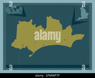 Bournemouth, Christchurch and Poole, unitary authority of England - Great Britain. Solid color shape. Locations of major cities of the region. Corner Stock Photo