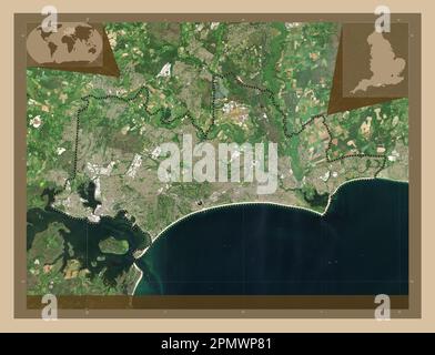 Bournemouth, Christchurch and Poole, unitary authority of England - Great Britain. Low resolution satellite map. Corner auxiliary location maps Stock Photo