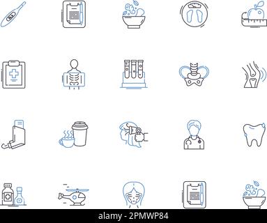 Healthcare outline icons collection. Medicine, Health, Treatment, Care, Well-being, Fitness, Nutrition vector and illustration concept set. Prevention Stock Vector