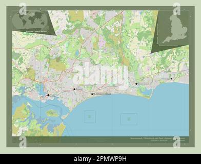 Bournemouth, Christchurch and Poole, unitary authority of England - Great Britain. Open Street Map. Locations and names of major cities of the region. Stock Photo