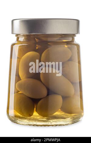 Pickled green olives in glass jar isolated on white with clipping path included Stock Photo