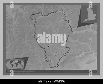 Braintree, non metropolitan district of England - Great Britain. Grayscale elevation map with lakes and rivers. Corner auxiliary location maps Stock Photo