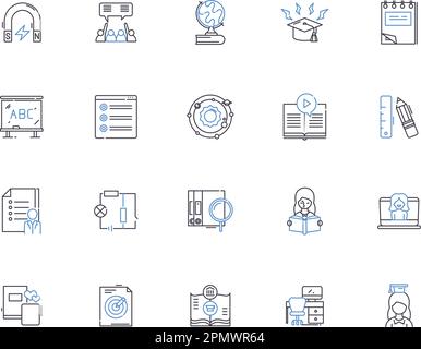 Homework outline icons collection. Exercise, Assignment, Task, Study, Quiz, Projects, Research vector and illustration concept set. Writing, Papers Stock Vector