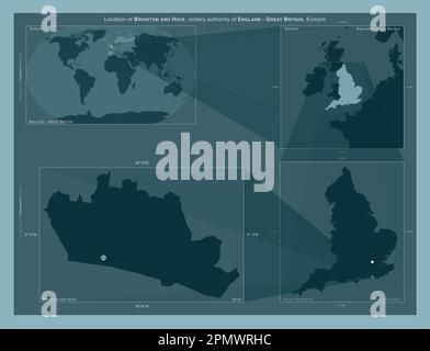 Brighton and Hove, unitary authority of England - Great Britain. Diagram showing the location of the region on larger-scale maps. Composition of vecto Stock Photo