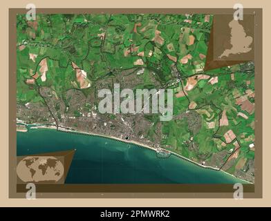 Brighton and Hove, unitary authority of England - Great Britain. Low resolution satellite map. Locations of major cities of the region. Corner auxilia Stock Photo