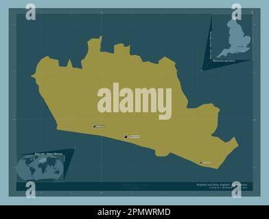 Brighton and Hove, unitary authority of England - Great Britain. Solid color shape. Locations and names of major cities of the region. Corner auxiliar Stock Photo