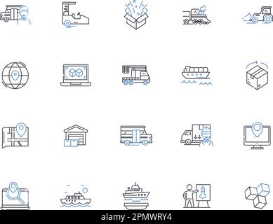 Supply chain outline icons collection. Logistics, Management, Optimization, Supply, Chain, Distribution, Tracking vector and illustration concept set Stock Vector