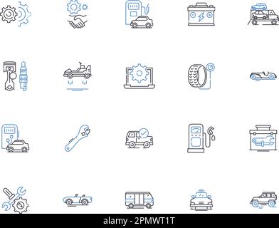 Car service outline icons collection. Maintenance, Garages, Oil-change, Parts, Repairs, Window-tint, Detailing vector and illustration concept set Stock Vector