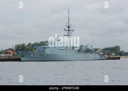 Electronic Surveillance Ship OKER of the German Navy moored at the Eckernförde Naval Base Stock Photo
