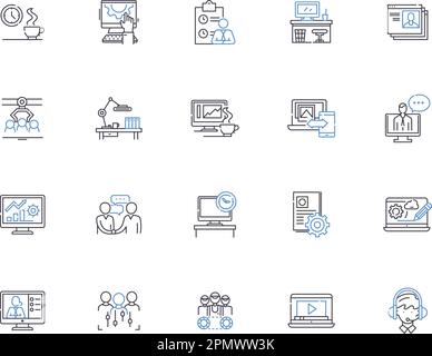 Workplace outline icons collection. Job, Office, Building, Desk, Employee, Team, Environment vector and illustration concept set. Supervisor, Floor Stock Vector