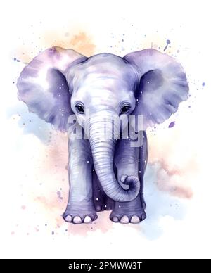 Cute elephant calf watercolor illustration. Poster for kids with funny and happy animals. Stock Photo