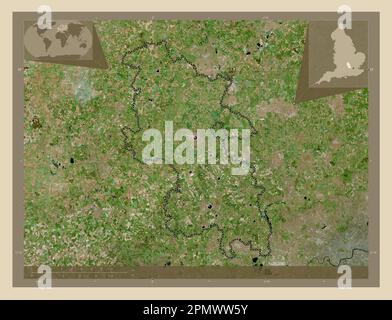 Buckinghamshire, administrative county of England - Great Britain. High resolution satellite map. Locations of major cities of the region. Corner auxi Stock Photo