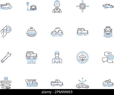 Car service outline icons collection. Maintenance, Garages, Oil-change, Parts, Repairs, Window-tint, Detailing vector and illustration concept set Stock Vector