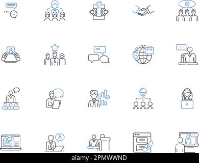 Clients outline icons collection. Customers, Consumers, Patrons, Buyers, Subscribers, Audience, Users vector and illustration concept set. Clients Stock Vector