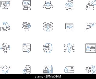 Server outline icons collection. Server, Hosting, Servers, Web-Server, Database, DNS, Virtual vector and illustration concept set. Rack, Cloud, Linux Stock Vector