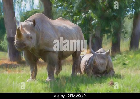 Digital painting of two black rhinoceros, one of them a youngster, in captivity at the zoo. Stock Photo