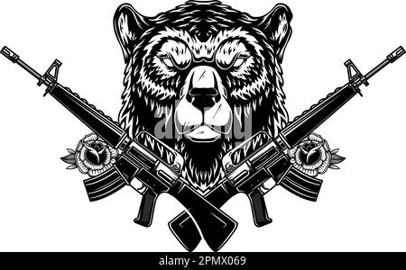 Angry bear head with crossed assault rifles. Design element for poster, emblem, sign. Vector illustration Stock Vector