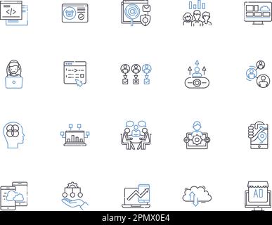 Digital marketing outline icons collection. Digital, Marketing, SEO, Social, Media, Advertising, Content vector and illustration concept set Stock Vector