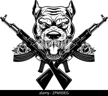 Angry dog head with crossed assault rifles. Design element for poster, emblem, sign. Vector illustration Stock Vector