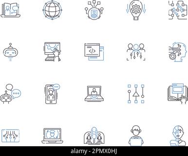 Geek nerds outline icons collection. Geeks, Nerds, Hackers, Gamers, Techies, Programmers, Computer-Enthusiasts vector and illustration concept set. IT Stock Vector