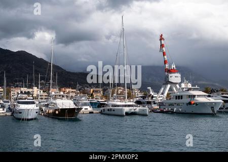 Tivat, Montenegro, Apr 2023 - Luxury yachts moored in Porto Montenegro Marina Stock Photo