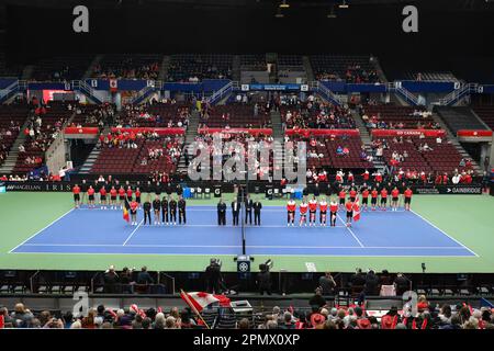 Vancouver, Canada. 14th Apr, 2023. Opening ceremonies prior to the start of the Billie Jean King Cup at the Pacific Coliseum in Vancouver, British Columbia on April 14, 2023, 2023. (Photo by Anne-Marie Sorvin/Sipa USA) Credit: Sipa USA/Alamy Live News Stock Photo